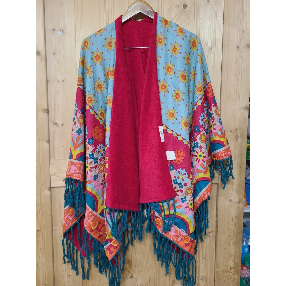 Natural Life Poncho Wrap Women OS Multi Color Boho Floral Fringe Terry